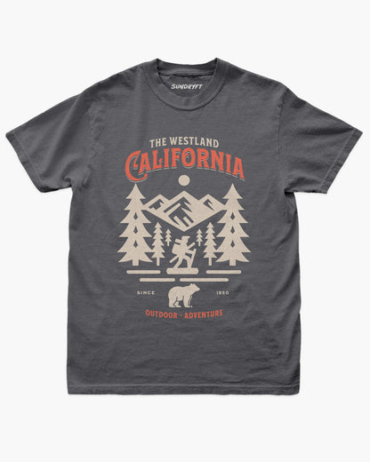 Westland California Outdoor Adventure shirt in pepper with a retro vector graphic of a hiker, bear, and mountains.