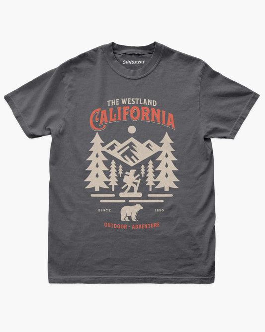 Westland California Outdoor Adventure shirt in pepper with a retro vector graphic of a hiker, bear, and mountains.