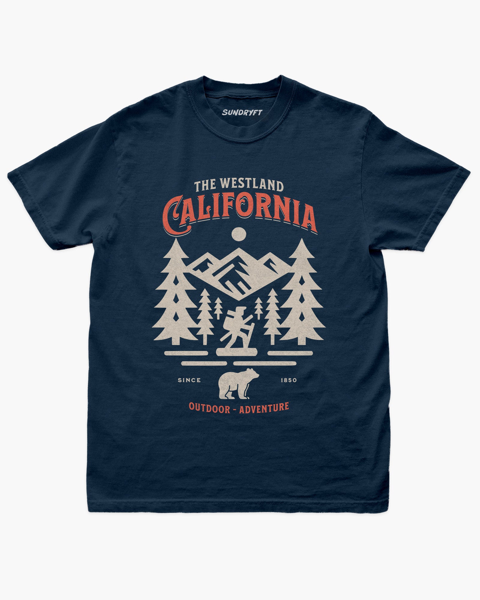 Westland California Outdoor Adventure shirt in navy blue with a retro vector graphic of a hiker, bear, and mountains.