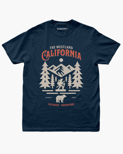 Westland California Outdoor Adventure shirt in navy blue with a retro vector graphic of a hiker, bear, and mountains.