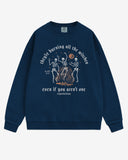 They’re Burning All The Witches Sweatshirt flat lay true navy color retro graphic with skeletons dancing in fire
