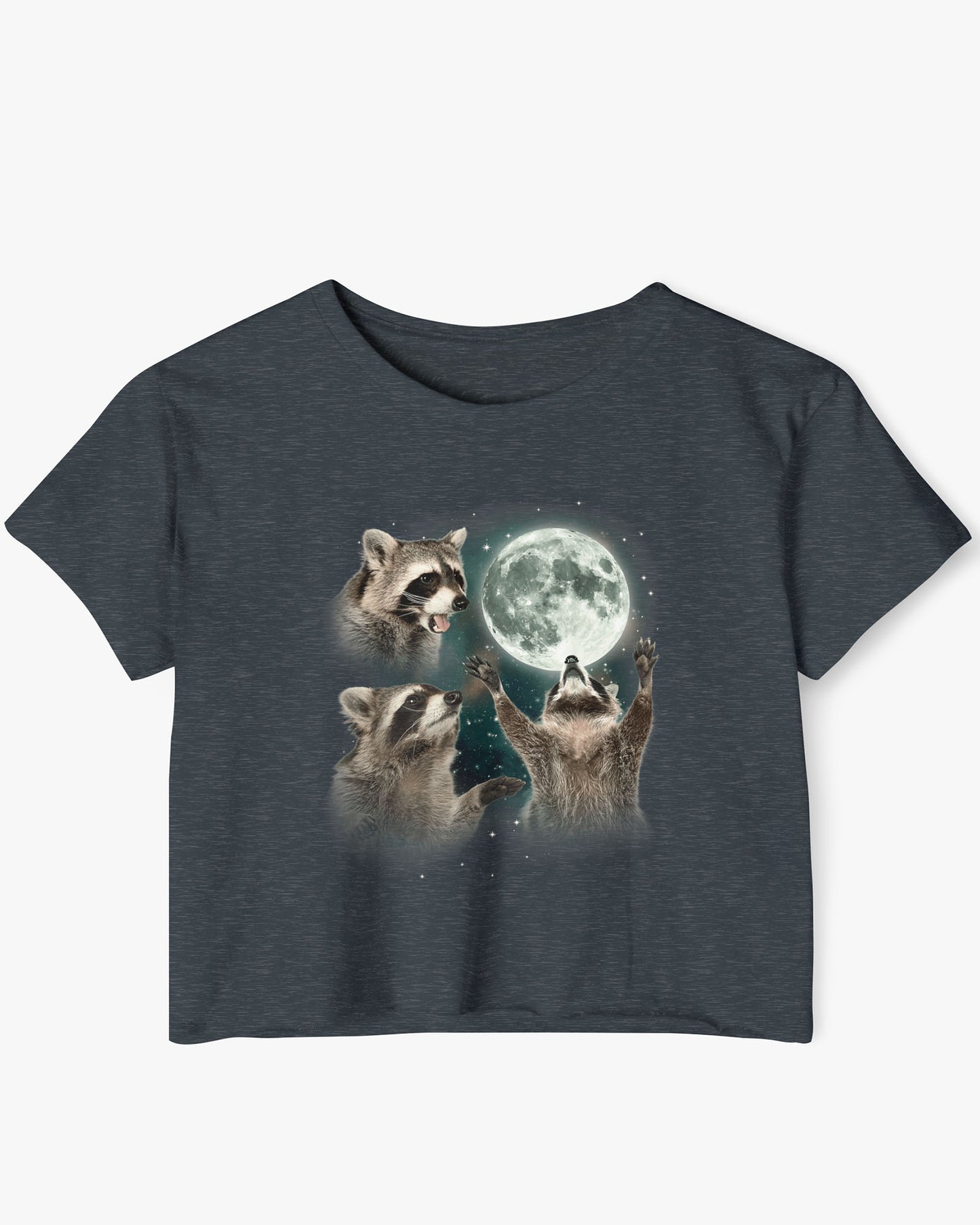 Antique denim color crop top with a retro graphic of three raccoons howling at the moon.