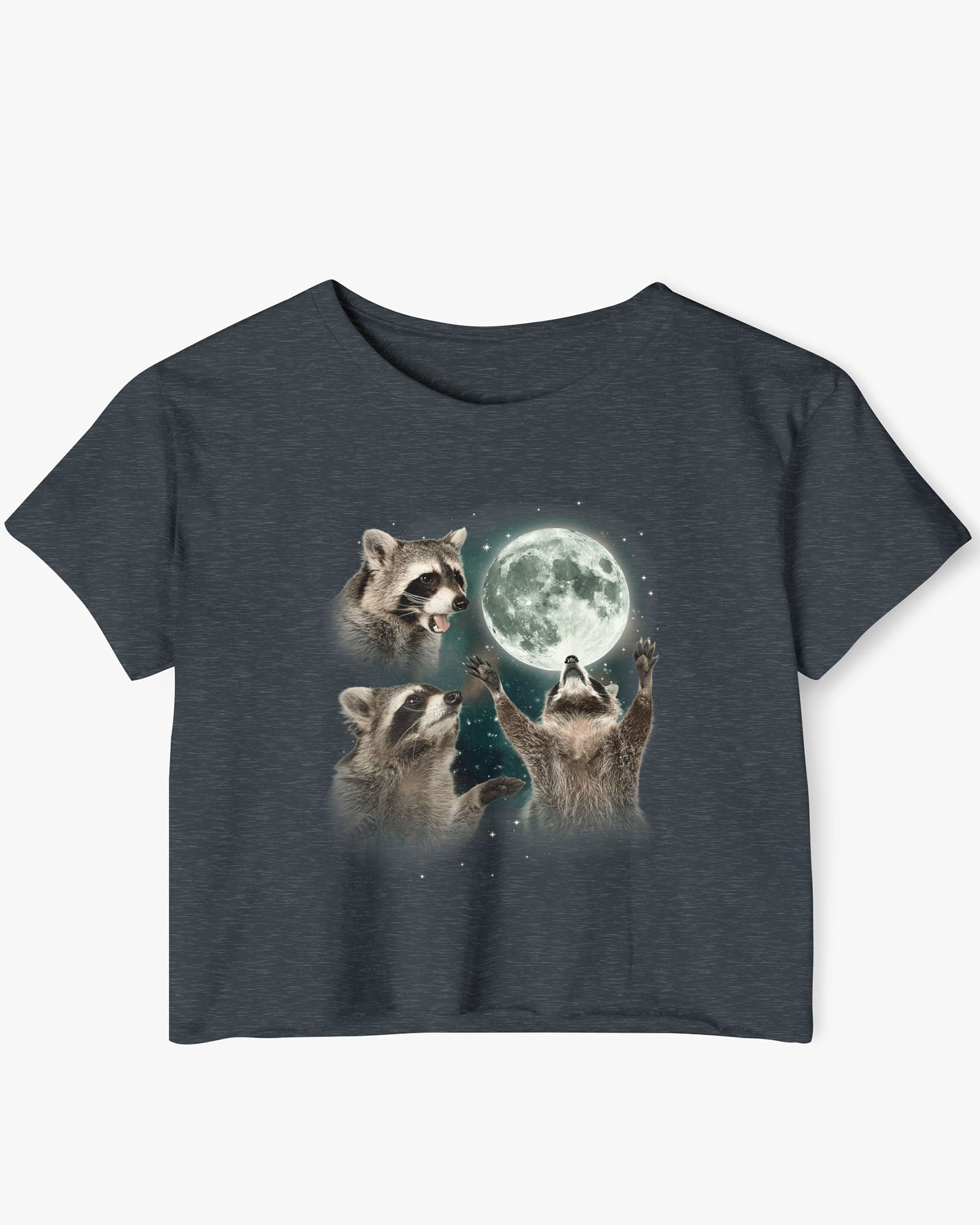 Antique denim color crop top with a retro graphic of three raccoons howling at the moon.