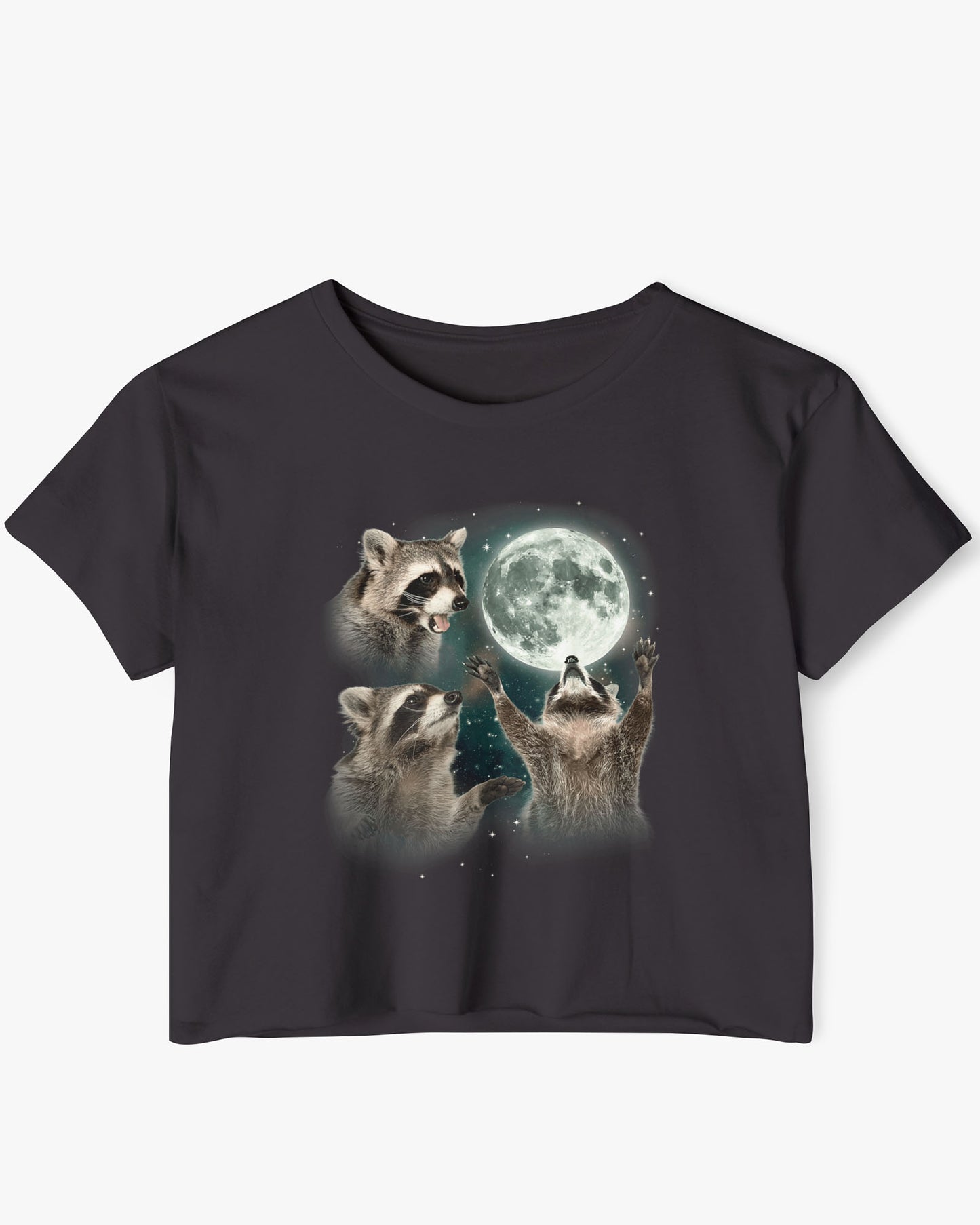 black crop top with a retro graphic of three raccoons howling at the moon.