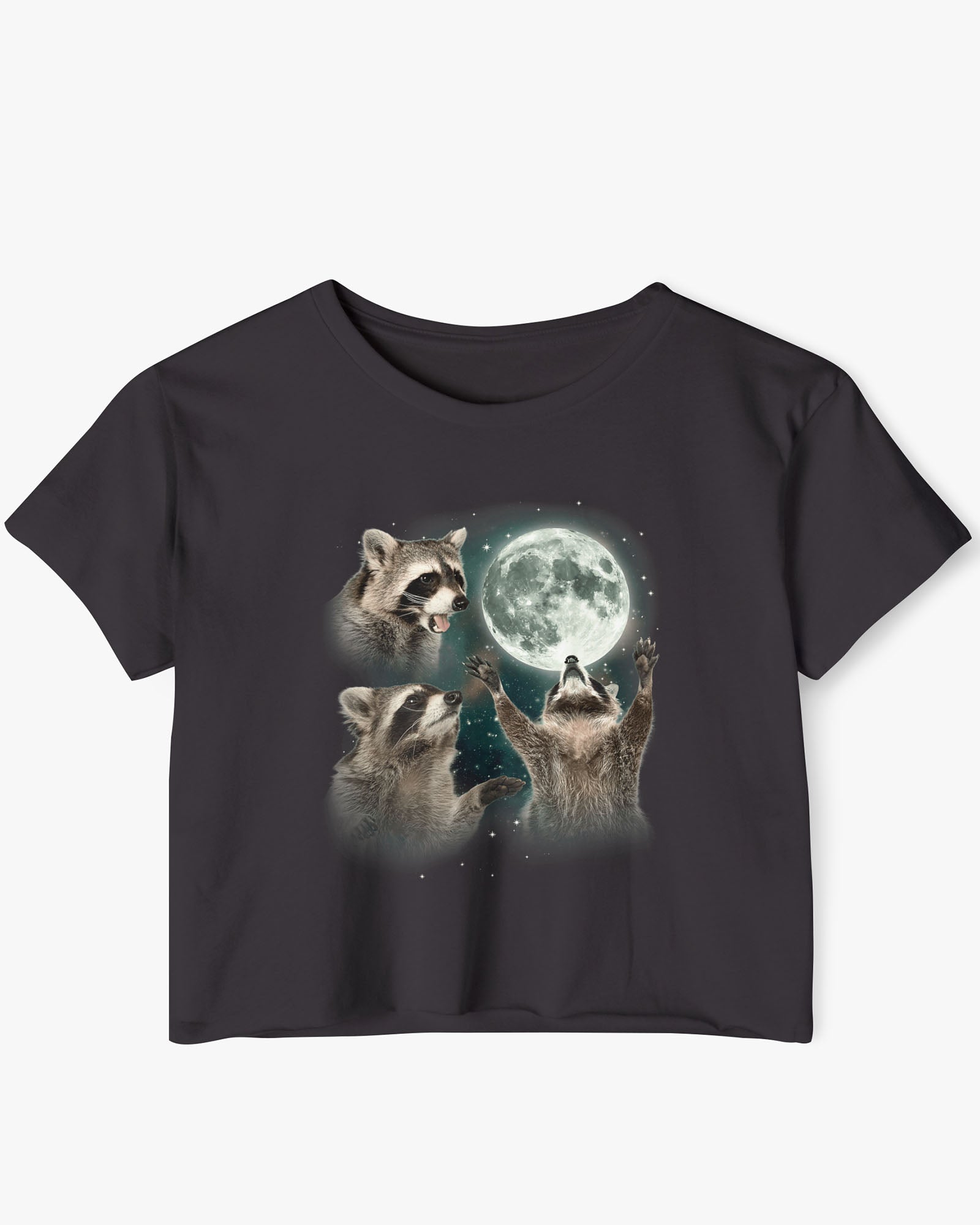 black crop top with a retro graphic of three raccoons howling at the moon.