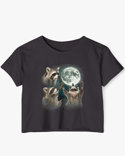 black crop top with a retro graphic of three raccoons howling at the moon.