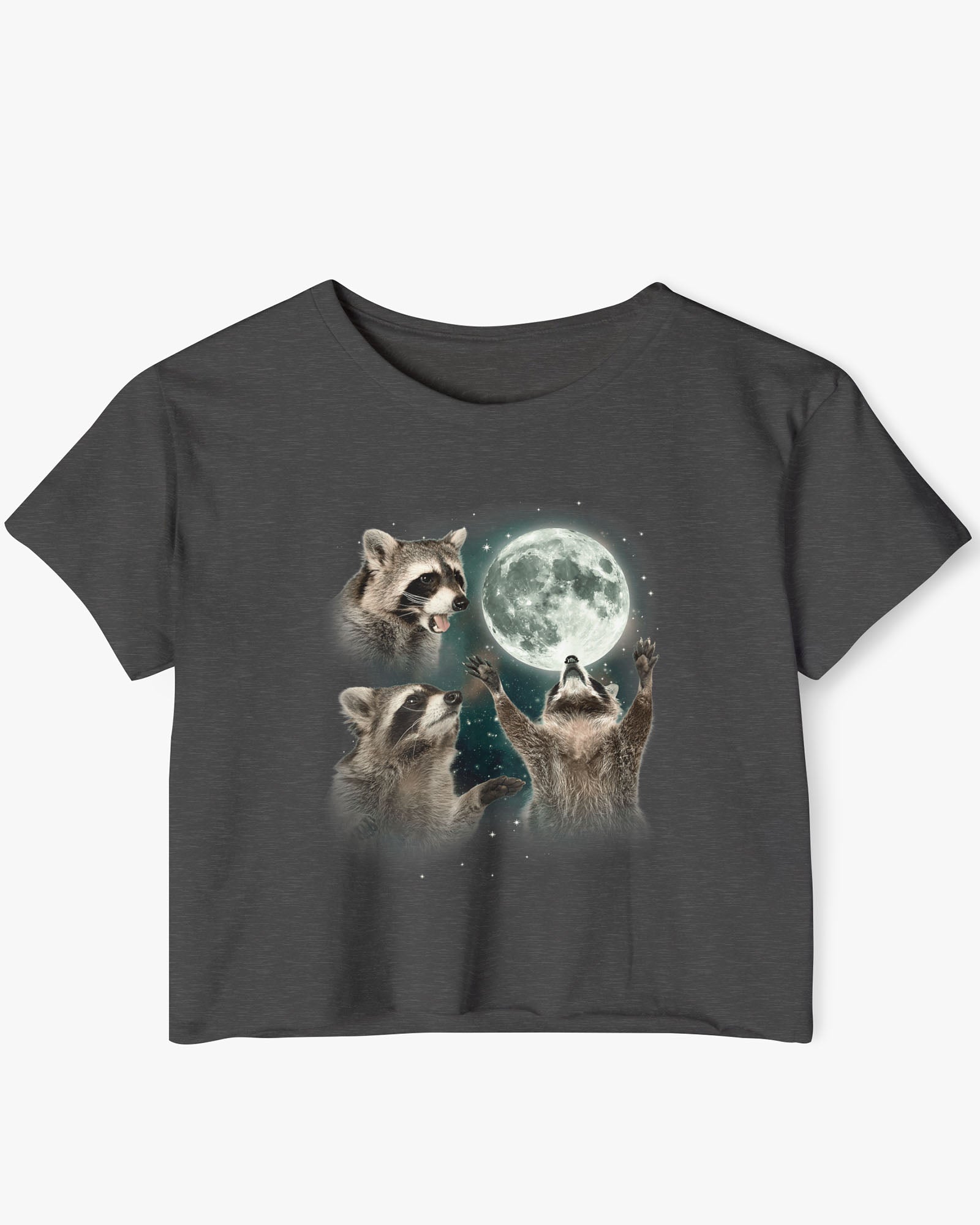 Charcoal crop top with a retro graphic of three raccoons howling at the moon.