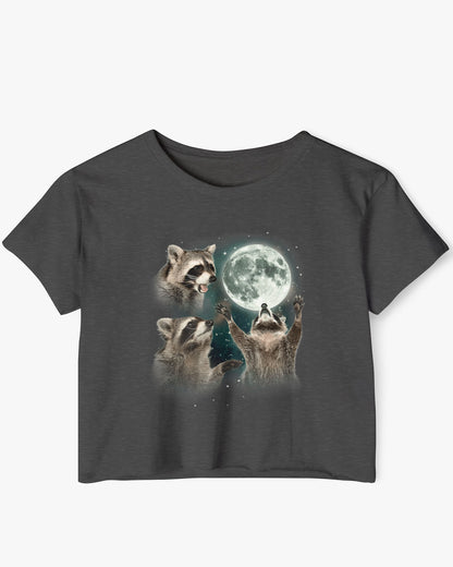 Charcoal crop top with a retro graphic of three raccoons howling at the moon.
