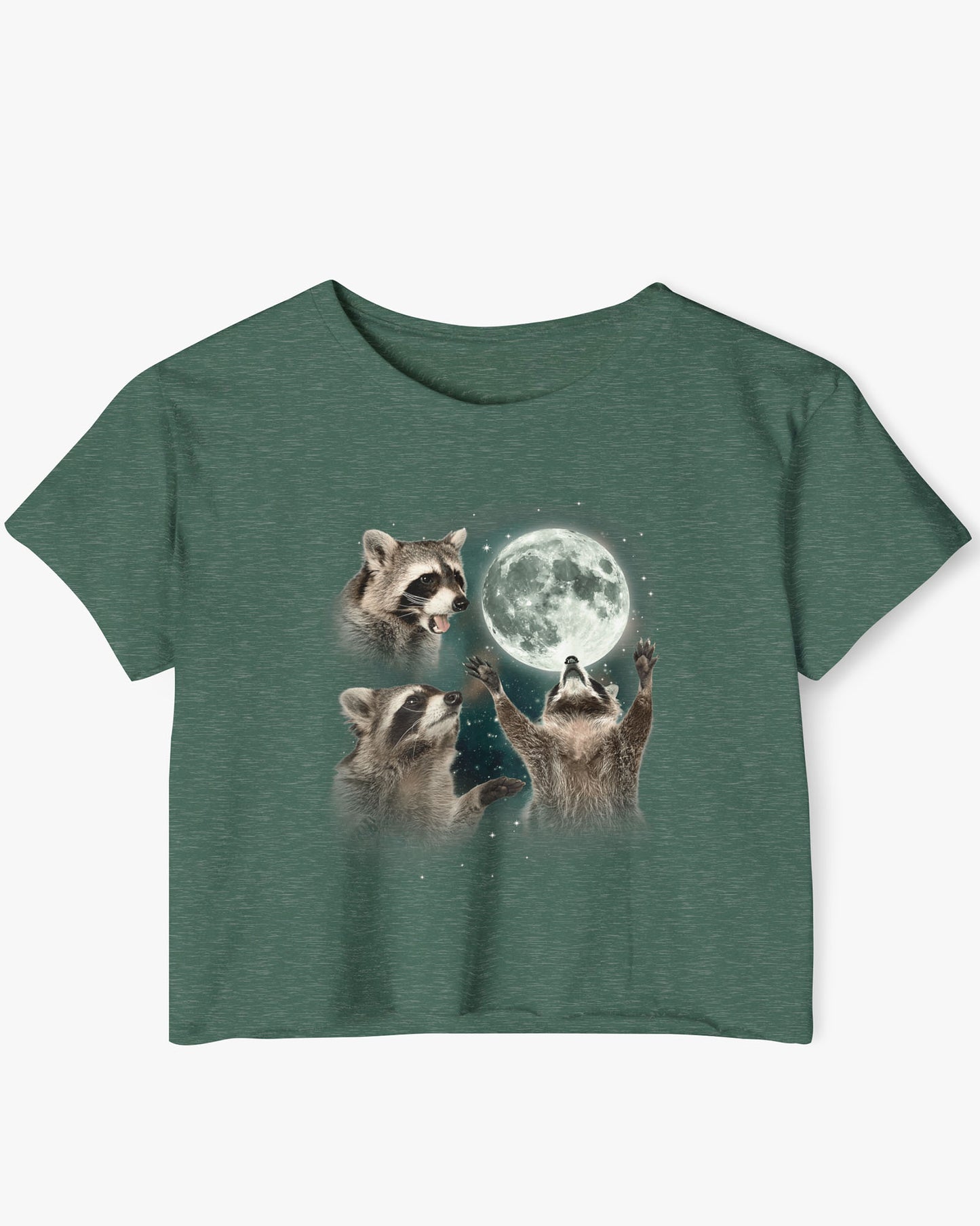 Royal pine color crop top with a retro graphic of three raccoons howling at the moon.