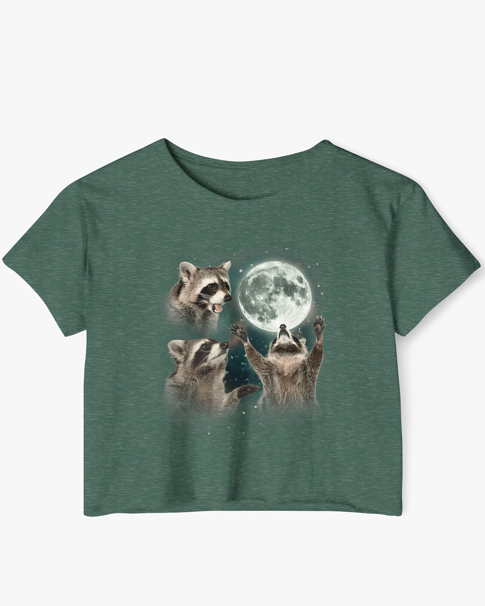 Royal pine color crop top with a retro graphic of three raccoons howling at the moon.