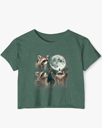 Royal pine color crop top with a retro graphic of three raccoons howling at the moon.