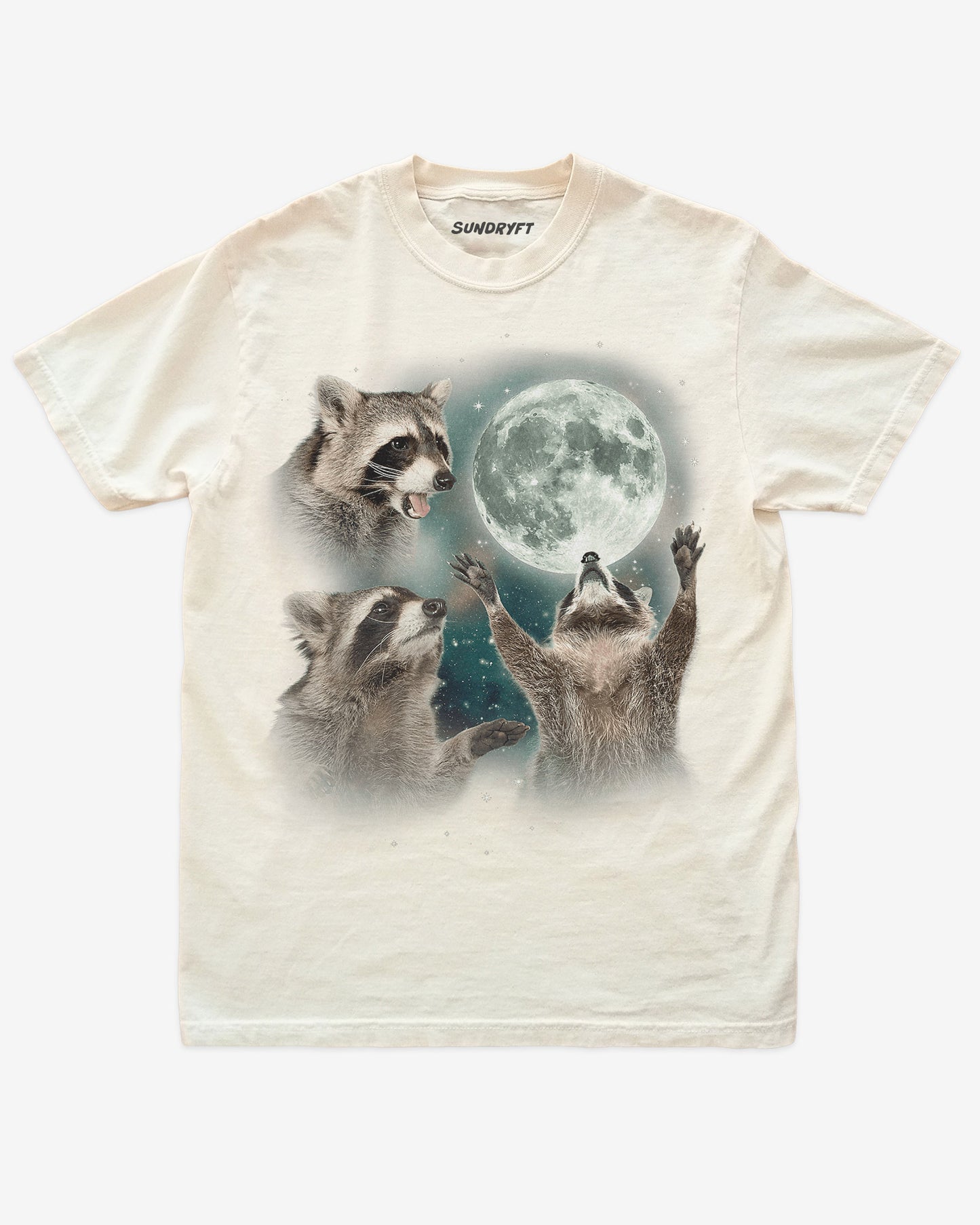 Flat lay shirt in ivory with funny retro graphic of three raccoons howling at the moon