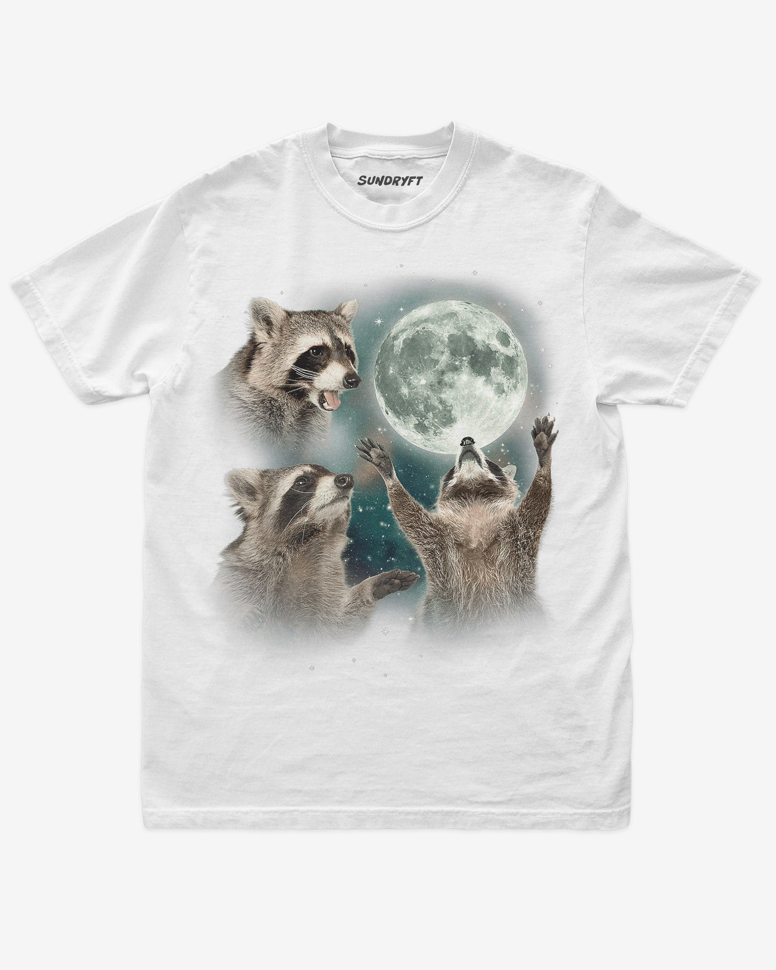 Flat lay shirt in white with funny retro graphic of three raccoons howling at the moon