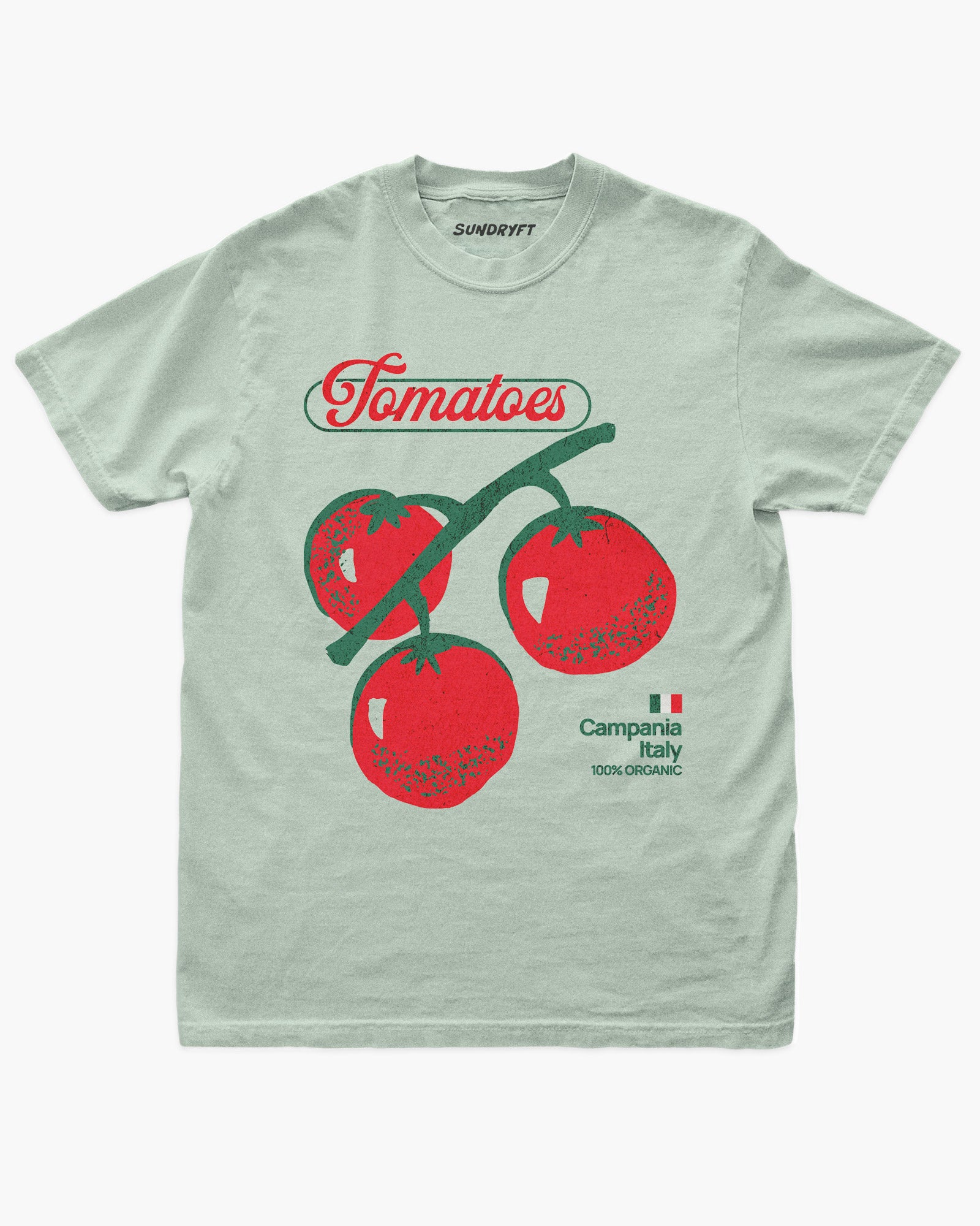 Vintage-style “Tomatoes Fruit – Campania Italy 100% Organic” graphic on bay retro tee
