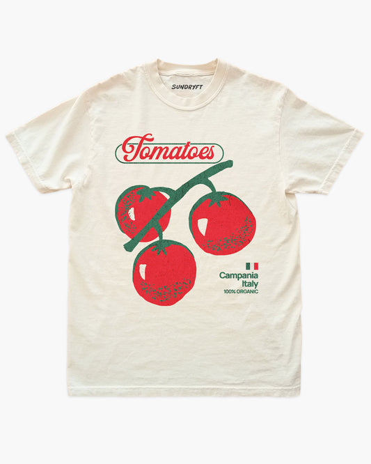Vintage-style “Tomatoes Fruit – Campania Italy 100% Organic” graphic on ivory retro tee