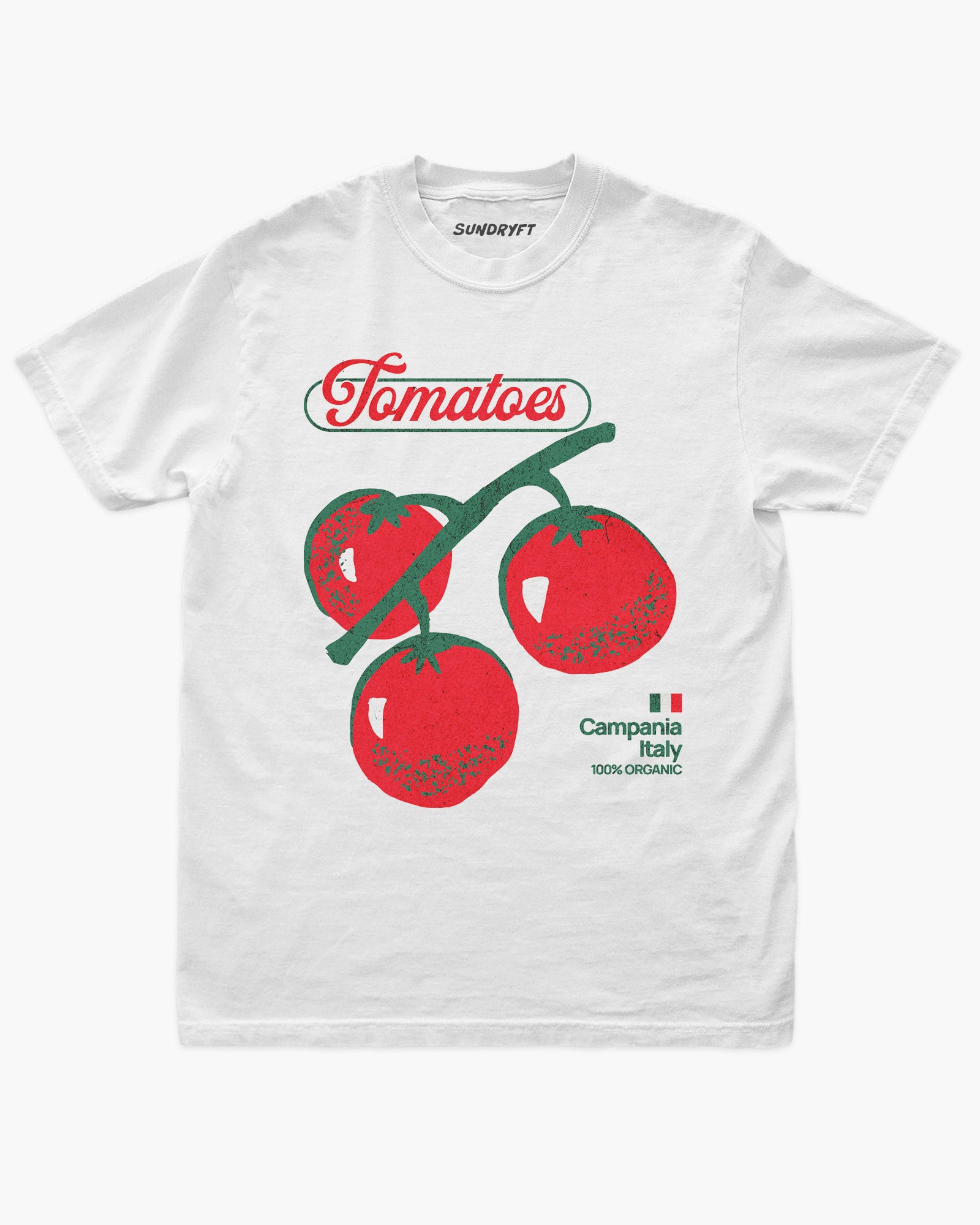 Vintage-style “Tomatoes Fruit – Campania Italy 100% Organic” graphic on white retro tee