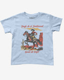 Flat lay light blue baby tee with retro country western graphic and text Tough As A Tumbleweed Sweet As Sugar