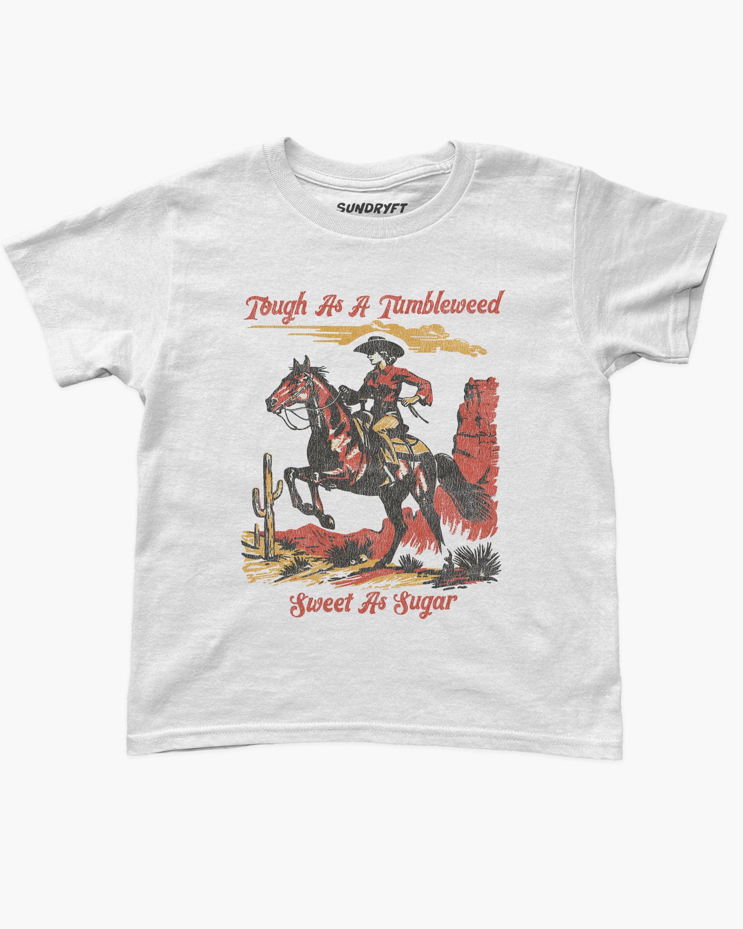 Flat lay white baby tee with retro country western graphic and text Tough As A Tumbleweed Sweet As Sugar