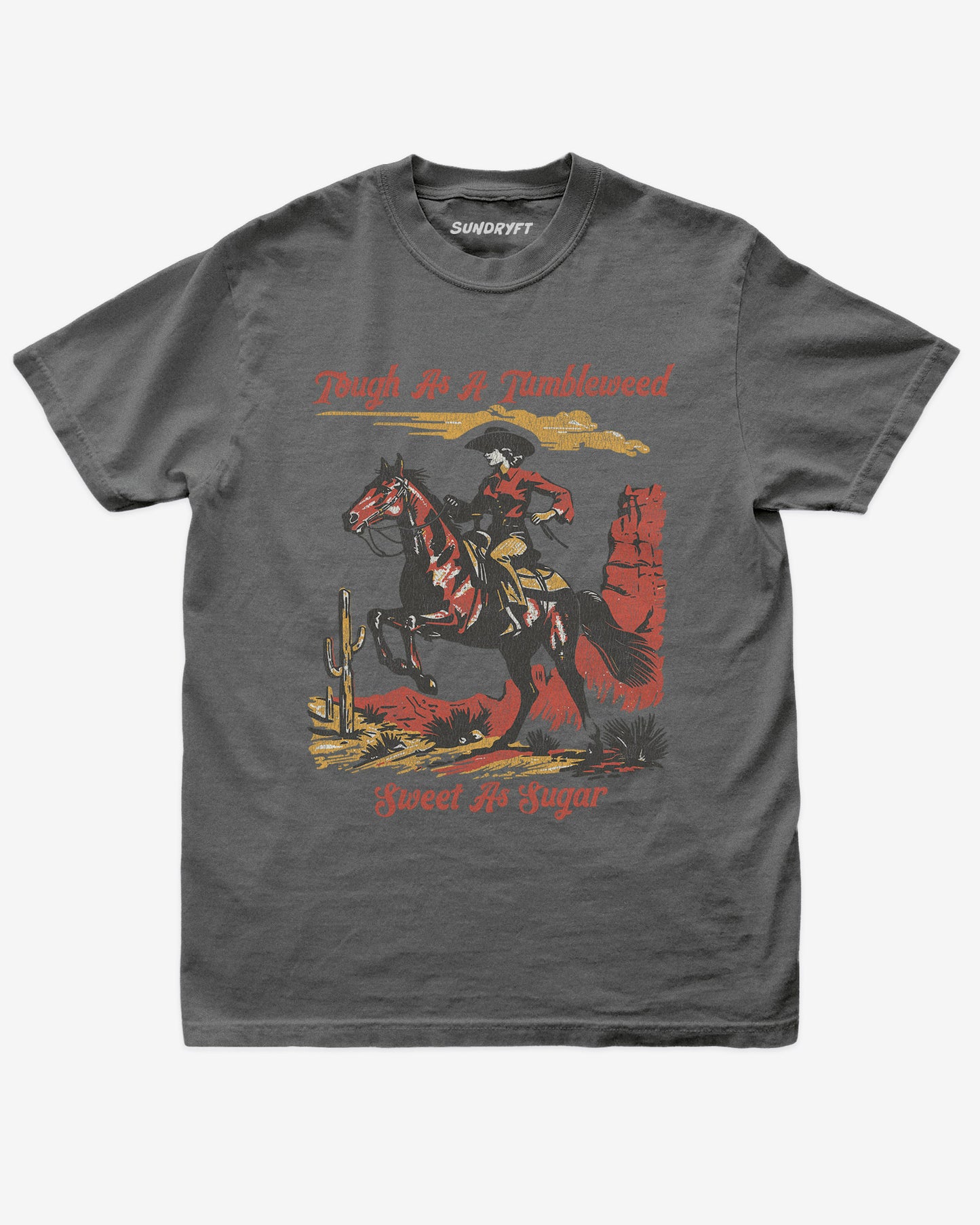 Tough As A Tumbleweed Sweet As Sugar shirt in pepper with distressed retro graphic of cowgirl riding on a horse through desert