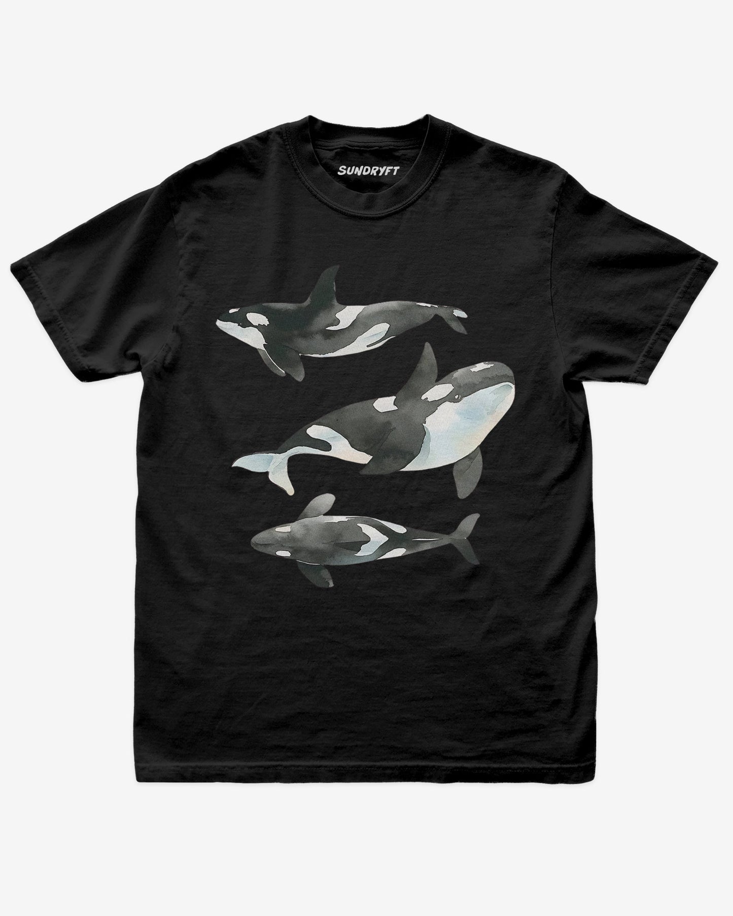 Black color shirt with retro watercolor trio of orcas graphic