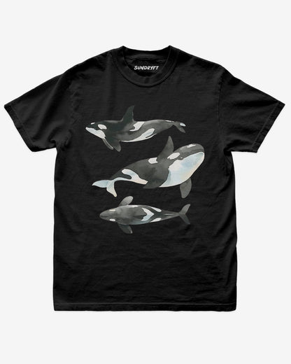 Black color shirt with retro watercolor trio of orcas graphic