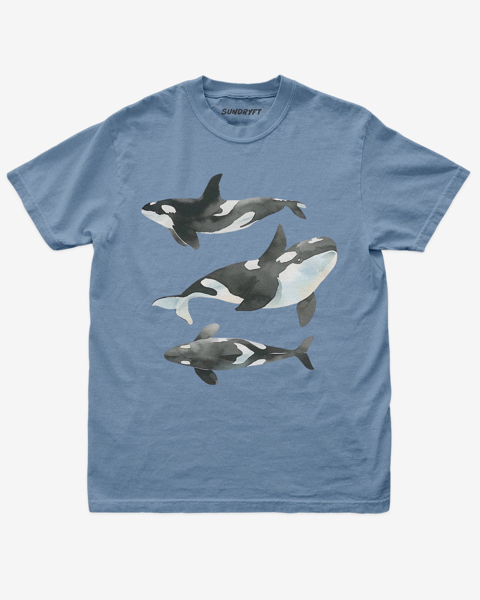Blue jean color shirt with retro watercolor trio of orcas graphic
