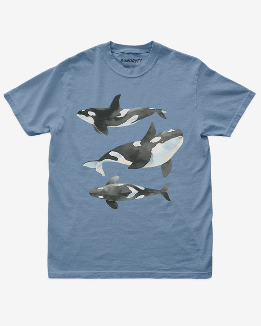 Blue jean color shirt with retro watercolor trio of orcas graphic