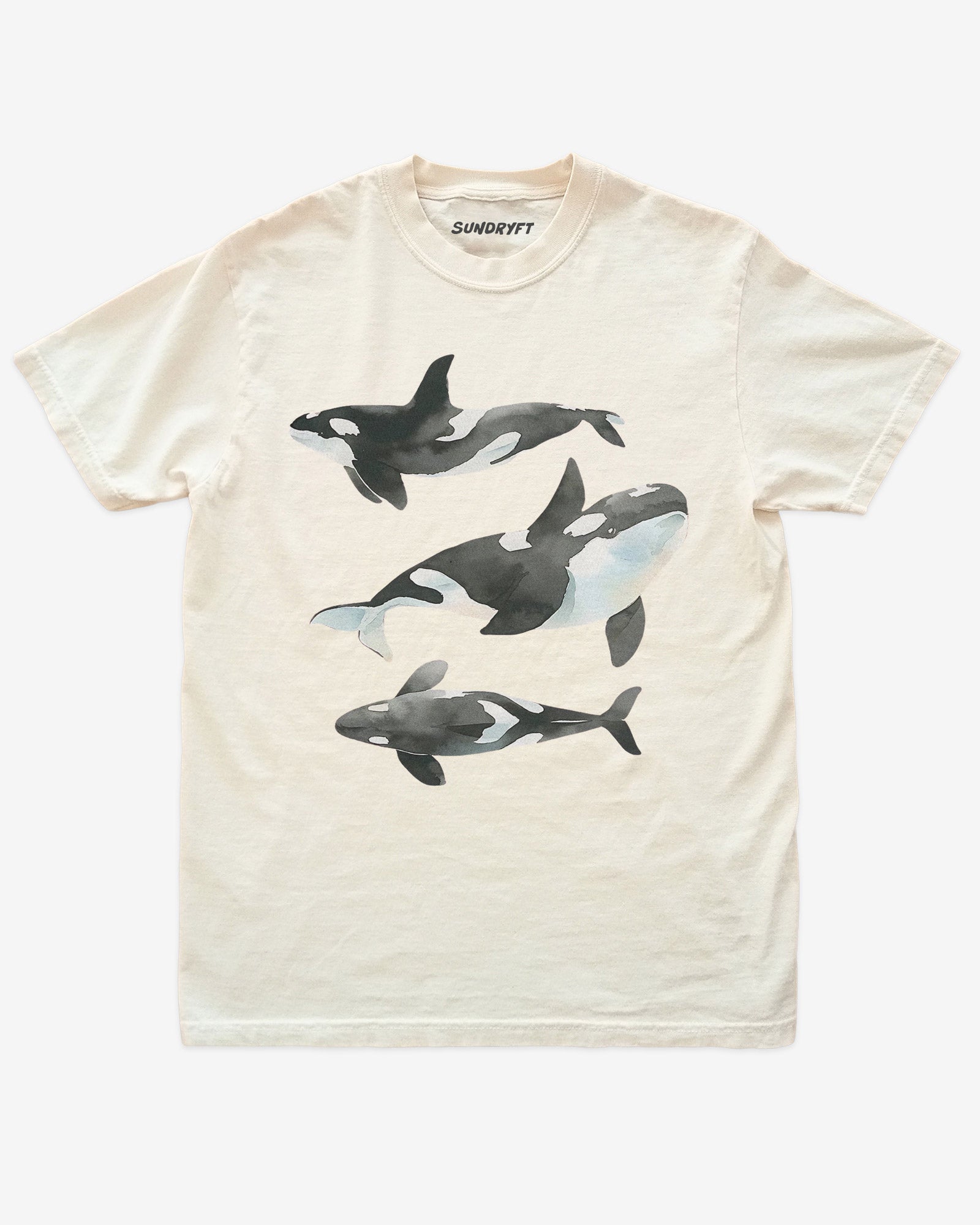 Ivory color shirt with retro watercolor trio of orcas graphic