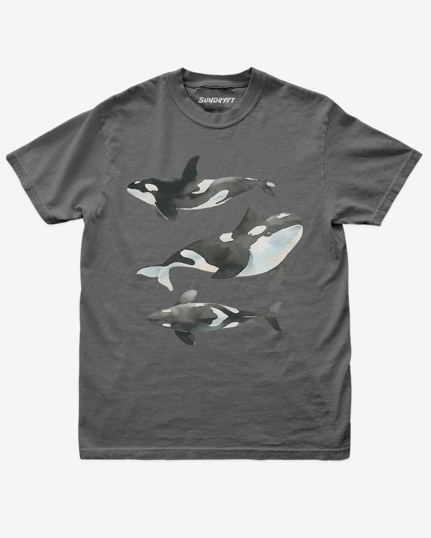 pepper color shirt with retro watercolor trio of orcas graphic