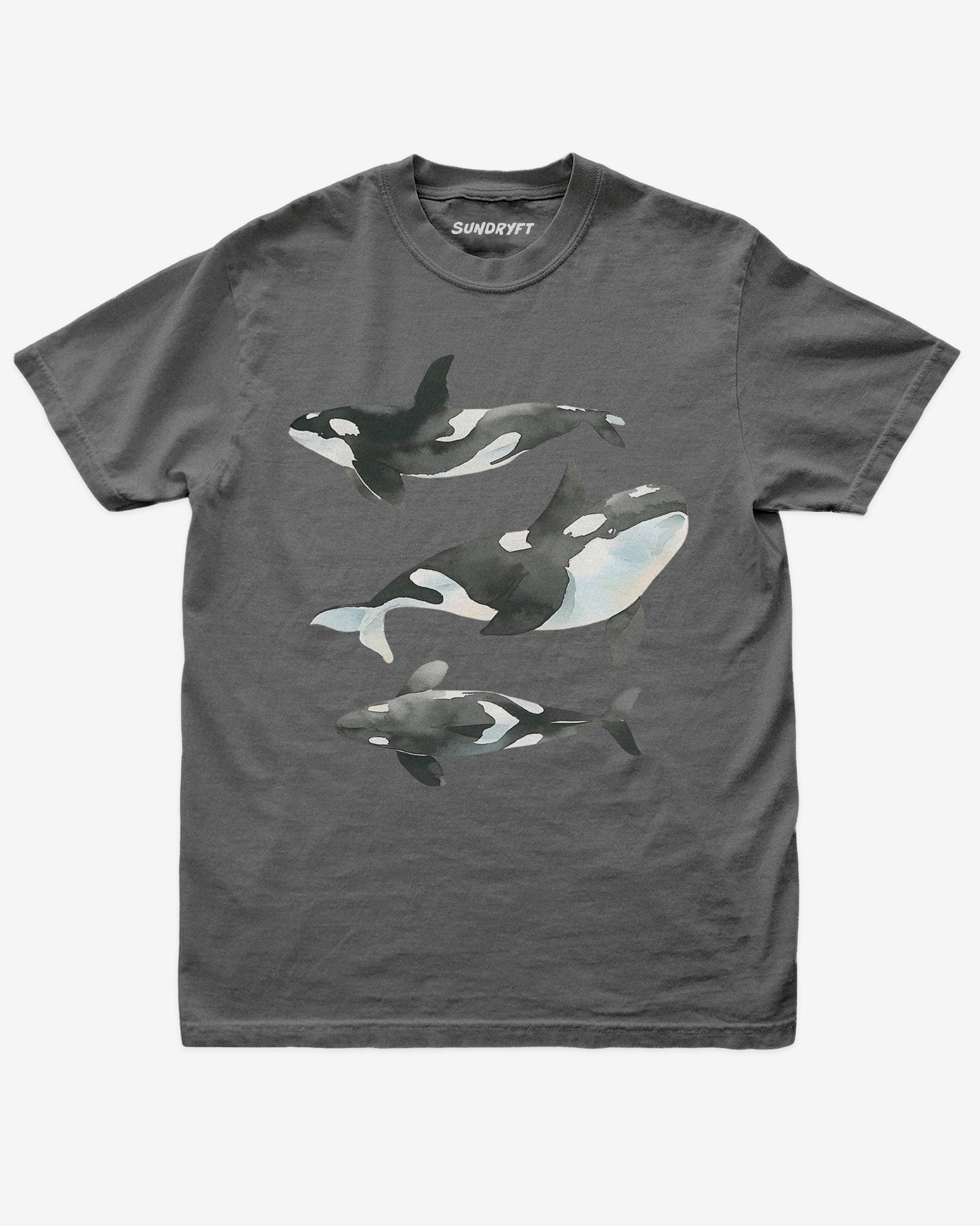 pepper color shirt with retro watercolor trio of orcas graphic