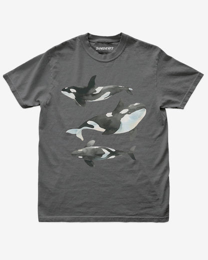 pepper color shirt with retro watercolor trio of orcas graphic