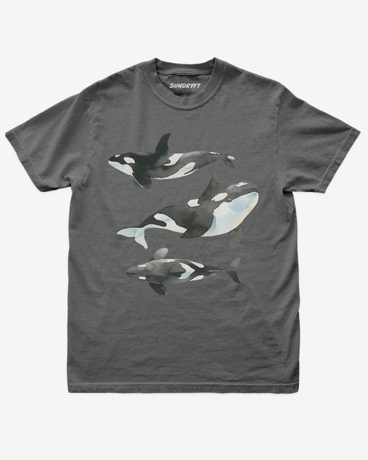 pepper color shirt with retro watercolor trio of orcas graphic