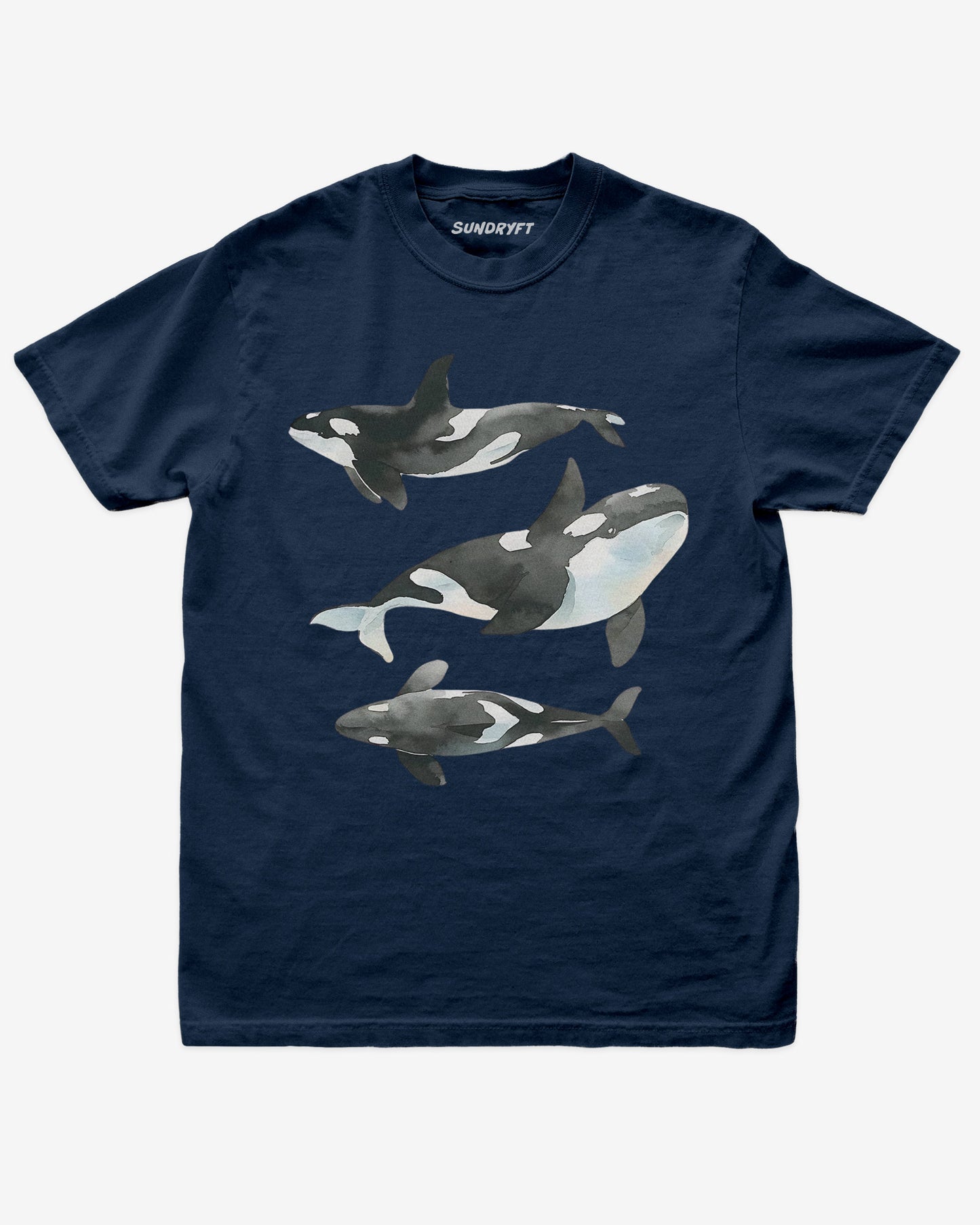 True navy color shirt with retro watercolor trio of orcas graphic