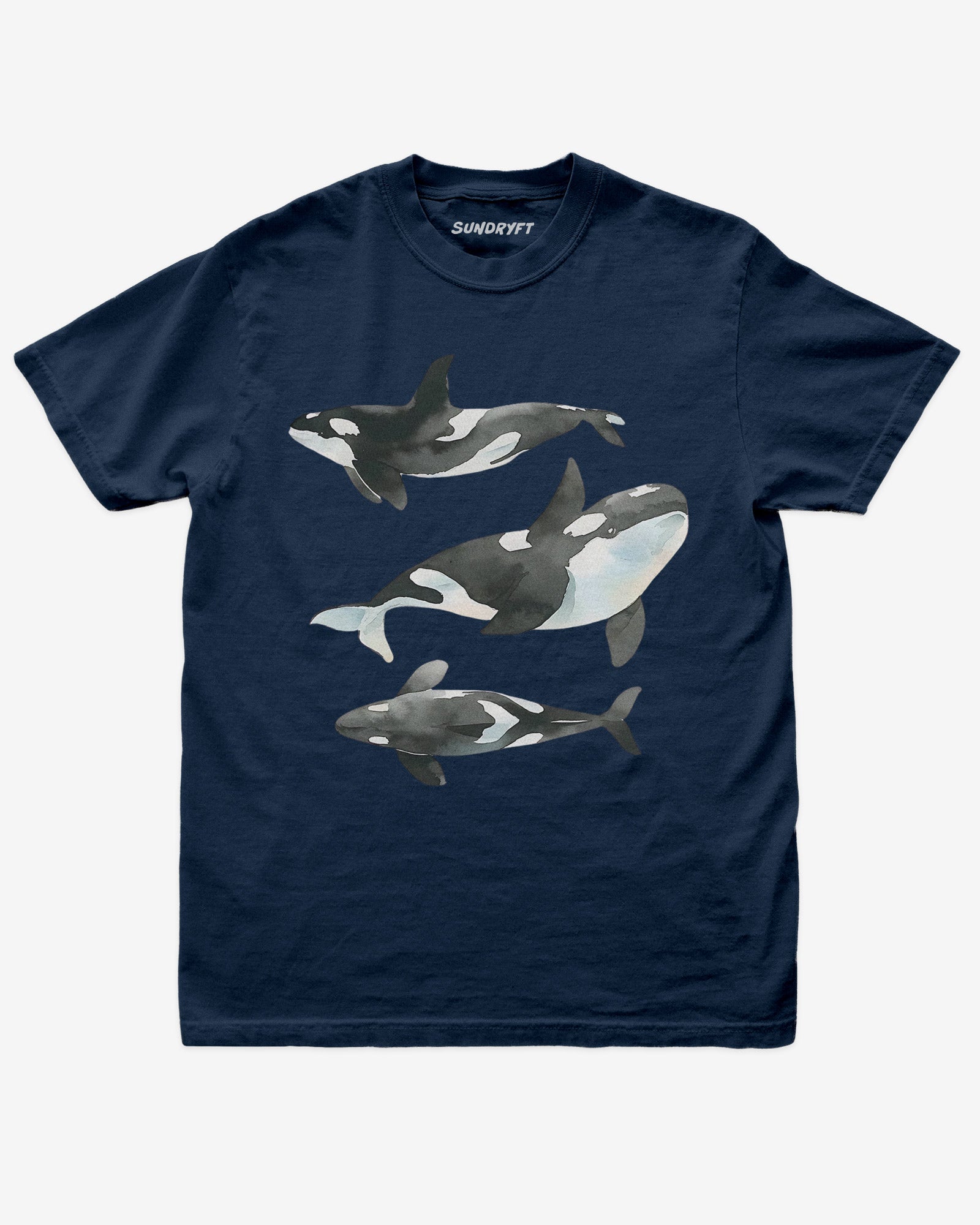 True navy color shirt with retro watercolor trio of orcas graphic