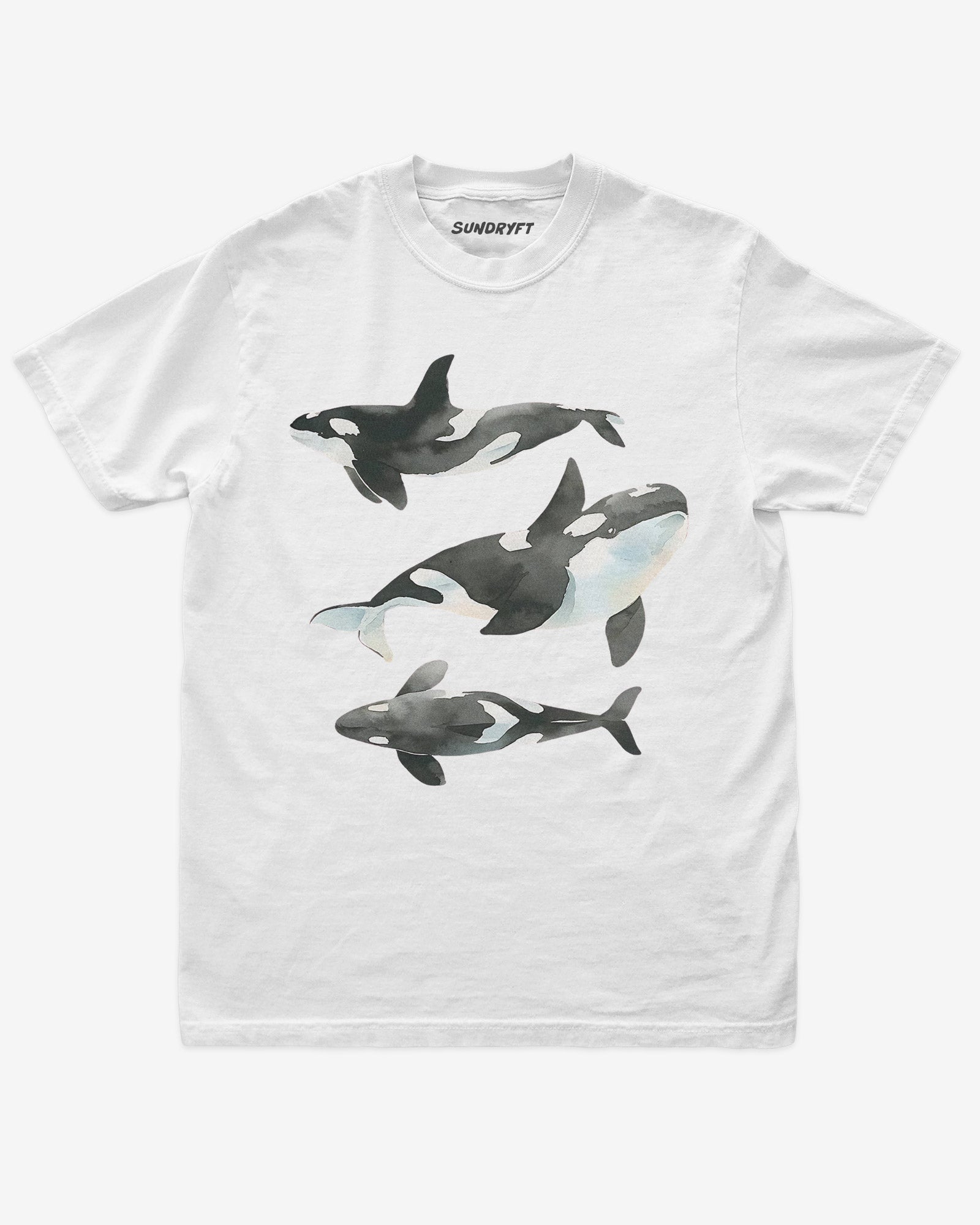 White color shirt with retro watercolor trio of orcas graphic