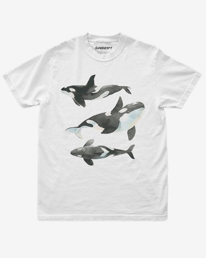 White color shirt with retro watercolor trio of orcas graphic