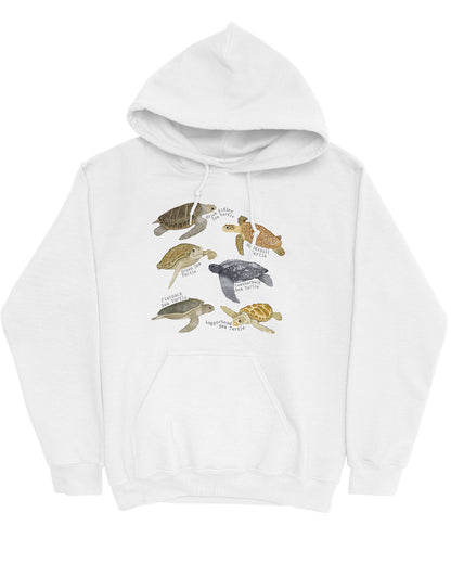 Flat lay of a white hoodie featuring a vintage-style graphic of various turtle species with their specific names.