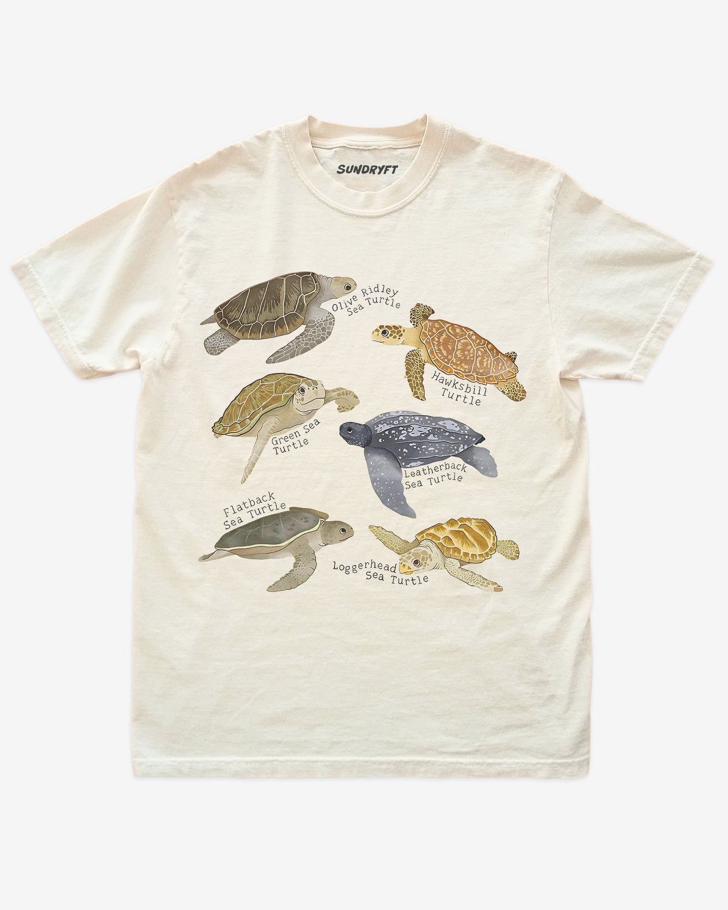 Ivory shirt with illustrated sea turtle collage and official species names