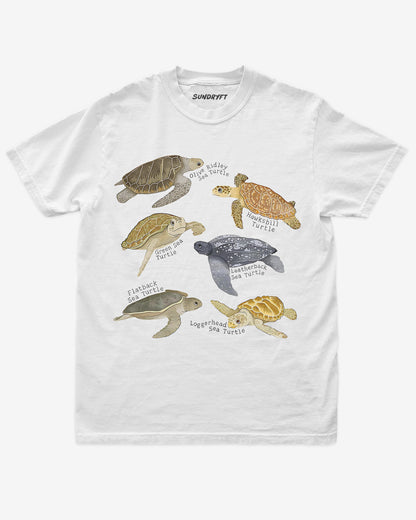 White shirt with illustrated sea turtle collage and official species names