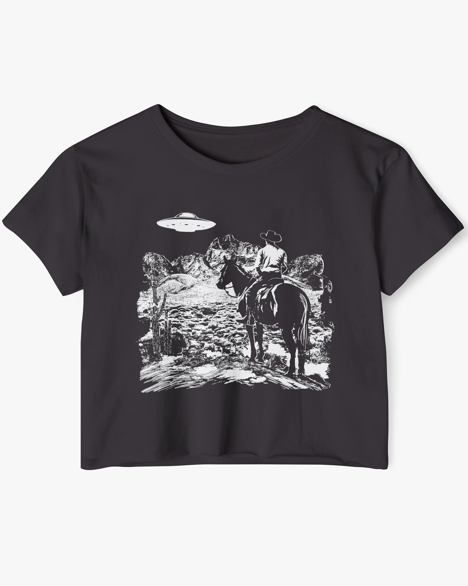 Flat-lay black crop top featuring a UFO and western desert scenery graphic.