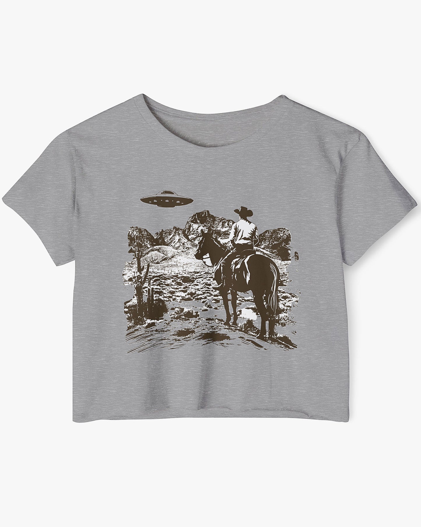 Flat-lay heather gray crop top featuring a UFO and western desert scenery graphic.