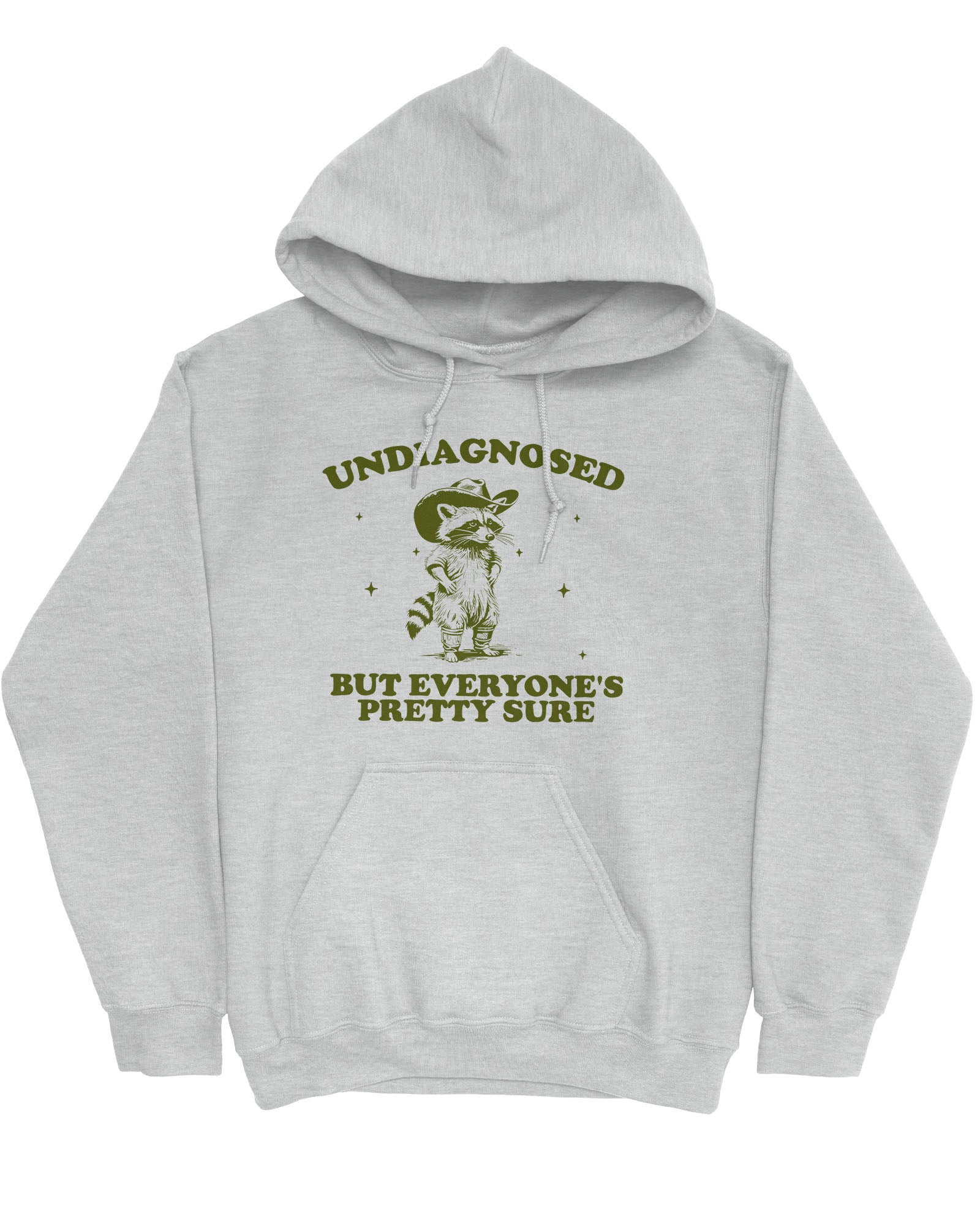 Flat lay ash gray hoodie with a funny retro cowboy raccoon graphic and the quote 'Undiagnosed, But Everyone's Pretty Sure'.