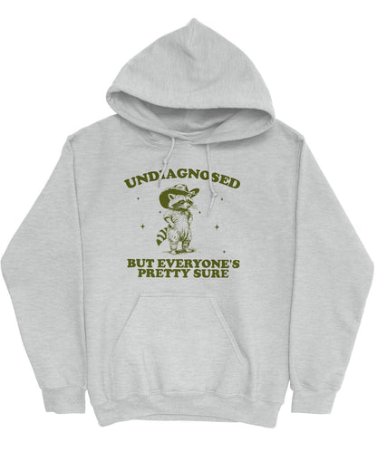 Flat lay ash gray hoodie with a funny retro cowboy raccoon graphic and the quote 'Undiagnosed, But Everyone's Pretty Sure'.