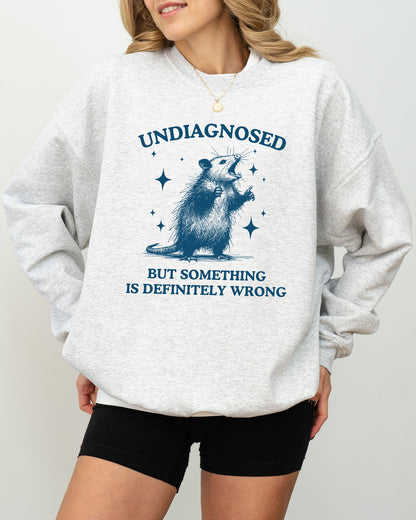 Model wearing ash color sweatshirt with 'Undiagnosed, But Something Is Definitely Wrong' graphic design