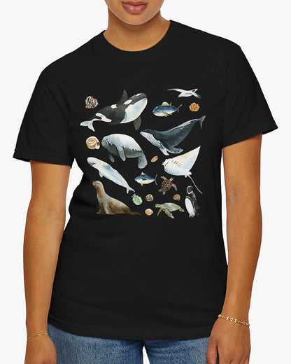 Woamn wearing black vintage 90s sea animals collage graphic Shirt
