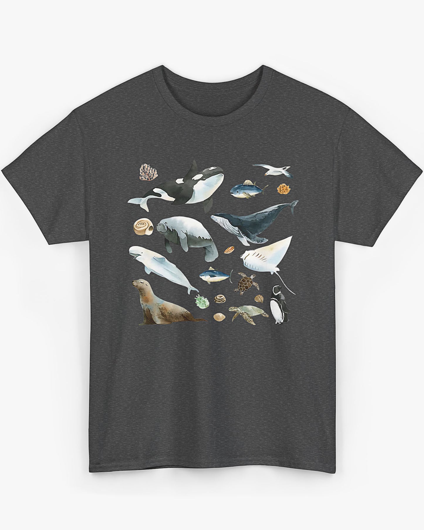 Flat laying dark heather vintage 90s sea animals collage graphic Shirt