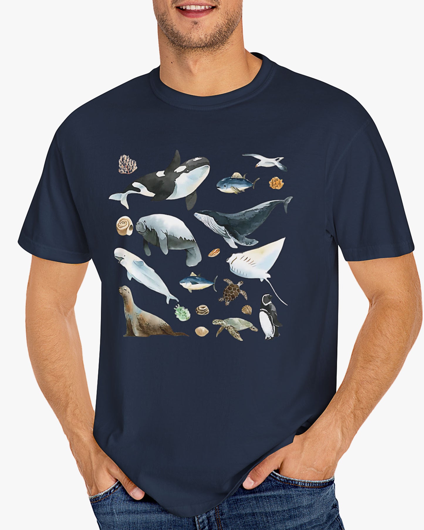 Man wearing navy blue vintage 90s sea animals collage graphic Shirt
