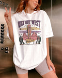 Woman wearing white color shirt with 'Way Out West Motel' western desert graphic design