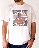 Man wearing ivory color shirt with 'Way Out West Motel' western desert graphic design