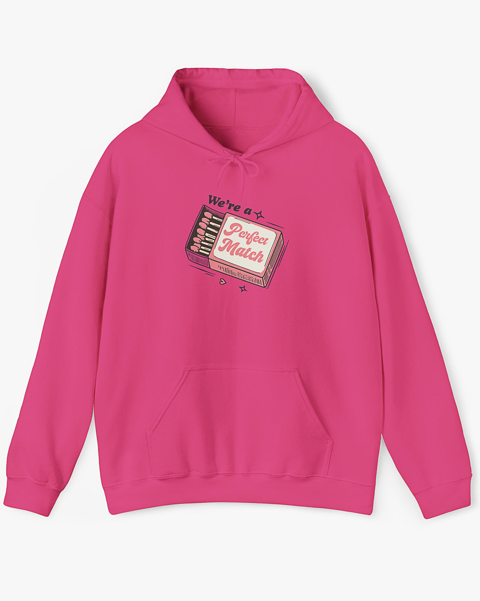 Flat lay heliconia 'We're A Match' hoodie with retro matchbox valentine's Day graphic